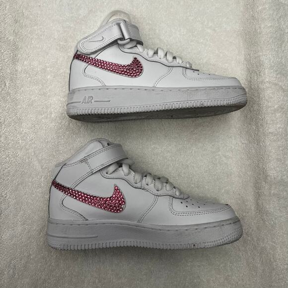 Nike Air Force 1 Mid LE Triple White (GS) sz 3.5Y Pink Swoosh Customized - Picture 4 of 14